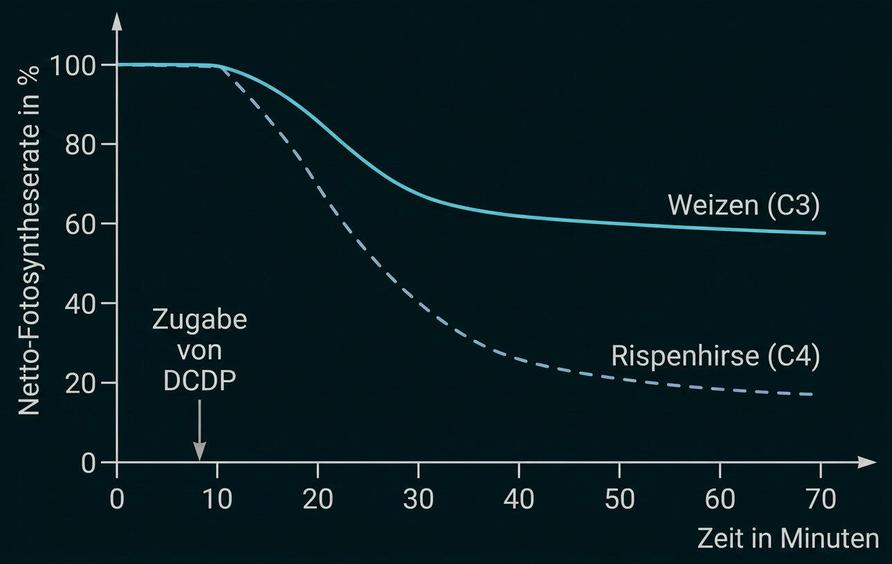 Diagramm: Die Netto-Fotosyntheserate von Weizen und Rispenhirse sinkt nach Zugabe von DCDP unterschiedlich stark.